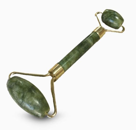 A jade roller facial massage tool with a double-ended roller design, featuring a larger stone for broader surfaces and a smaller stone for delicate areas, set against a light background.