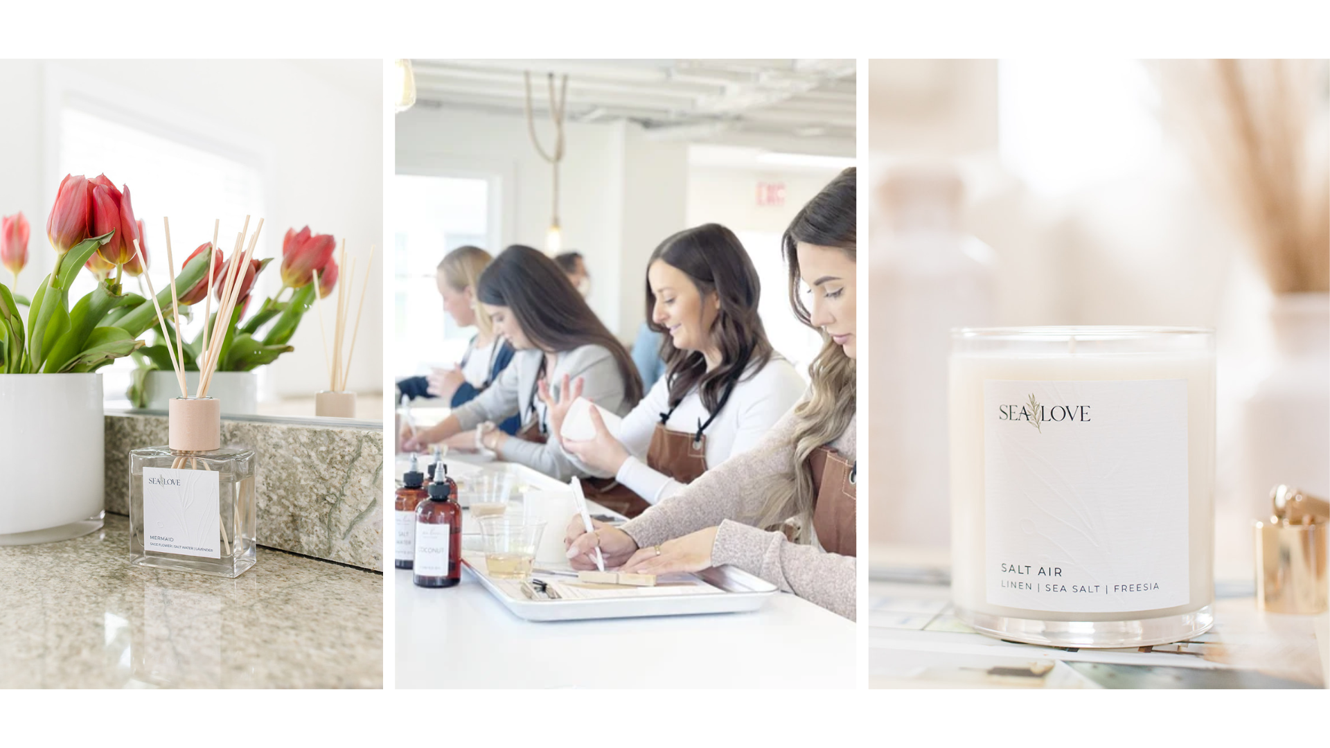 A serene and elegant workspace showcasing a candle-making workshop with participants focused on crafting their homemade candles, flanked by images of fresh tulips and a finished 'sea love' candle, encapsulating a cozy and creative atmosphere.
